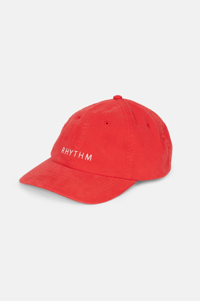 Embrace bold style with the Rhythm Essential Cap in Cherry. This cotton canvas cap features front embroidery artwork and an adjustable metal slider at the back, providing both comfort and a touch of vibrancy to your outfit.