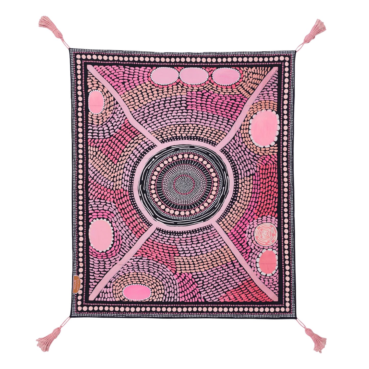 The first of our Artists Series, the Miinggi Jaanymili Picnic Rug features Indigenous artists duo Miimi and Jiinda’s artwork. The symbol in the middle represents a meeting place where people come together and connect. The circles around the outside are neighbouring tribes, friends and family that journey along the pathways, meeting in the middle to share stories, culture, food and celebrations.