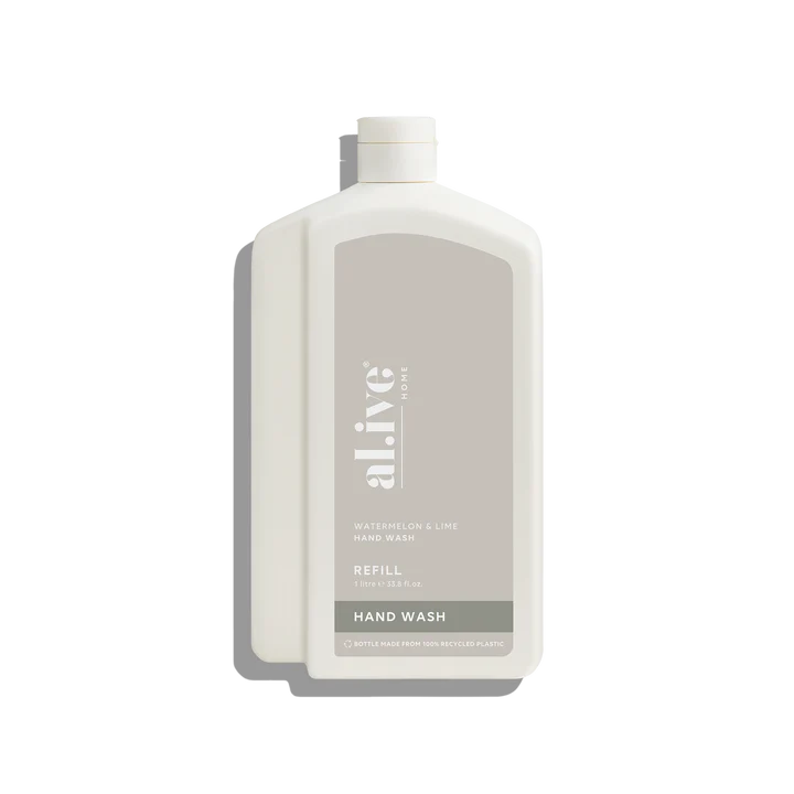 Refill your Watermelon & Lime bottle with our 1 L Hand Wash Refill. This sustainable refill solution is designed to reduce waste and offer a practical, eco-friendly way to top up your favourite al.ive body essential.