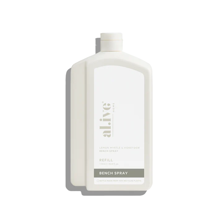 Refill your Lemon Myrtle & Honeydew Kitchen Bench Spray bottle with our 1 L Kitchen Bench Spray Refill. This sustainable refill solution is designed to reduce waste and offer a practical, eco-friendly way to top up your favourite al.ive body essential.