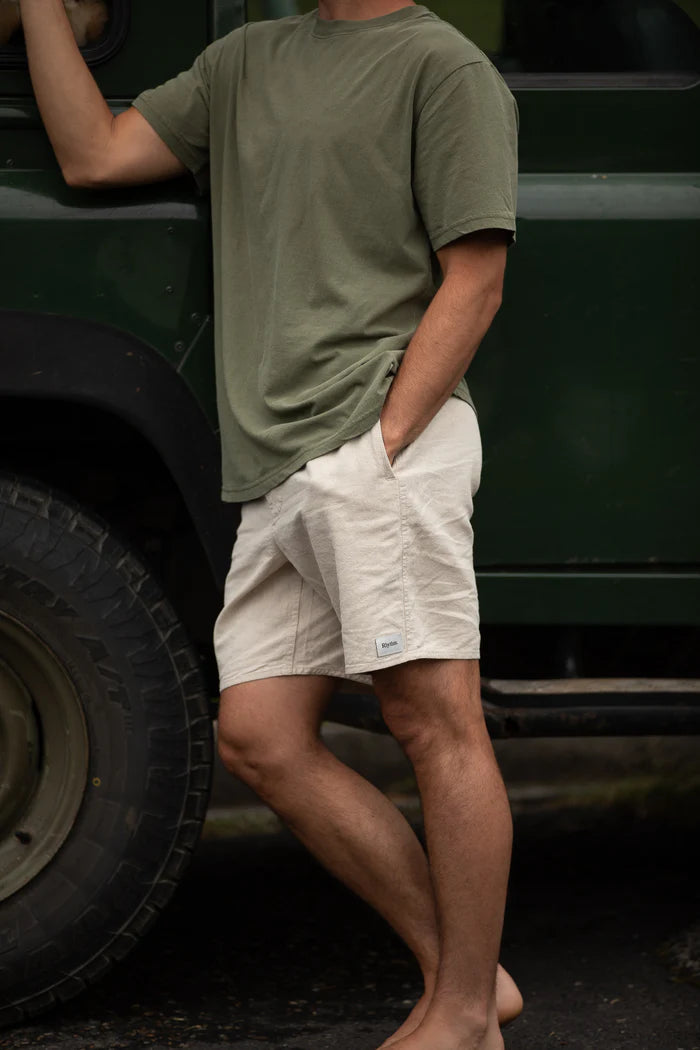 The Classic Linen Jam is a relaxed elastic waist short crafted in durable linen cotton blend mid-weight fabric, this style fits 17" above the knee and features side pockets and a back patch pocket, including an elastic waist with an adjustable drawcord, designed for everyday comfort and wear.