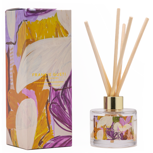 A magic garden of jasmine, ylang ylang + huckleberry, with fresh bursts of lemon + bergamot, finished with creamy sandalwood, tonka bean, madagascan vanilla, and sweet amber.
Coastal artist Kate Mayes is known for her bold application of colour and contrasting techniques that swing between the use of thick structured paints and watery washes. Inspired by her natural surrounds and guided by intuition - Kate’s paintings evolve over weeks of layering and experimentation in her Torquay base