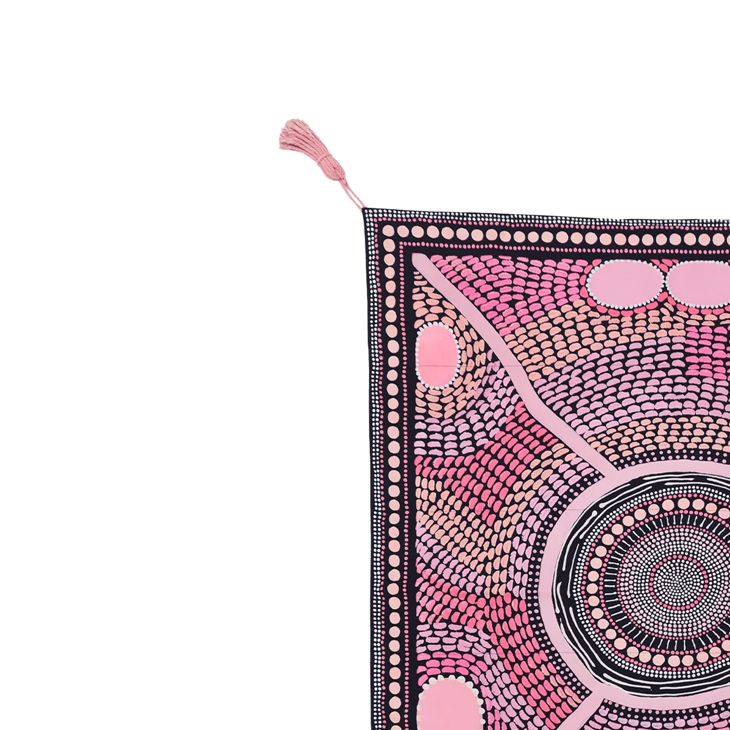 The first of our Artists Series, the Miinggi Jaanymili Picnic Rug features Indigenous artists duo Miimi and Jiinda’s artwork. The symbol in the middle represents a meeting place where people come together and connect. The circles around the outside are neighbouring tribes, friends and family that journey along the pathways, meeting in the middle to share stories, culture, food and celebrations.