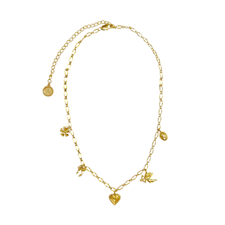 Hello Angel! Introducing the prettiest, most delicate necklace of the collection. The romantic and charming Angel Necklace is bound to steal your heart with its nostalgic, feminine touches featuring a few of our favourite motifs... the flower, bow, heart, cupid and locket, exquisitely strung on an iridescent chain. She is soft yet striking and will have your style float from day to night with ease. So go ahead, indulge in a little romance and charm with this darling necklace.