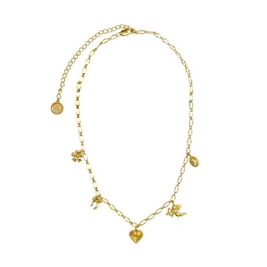 Hello Angel! Introducing the prettiest, most delicate necklace of the collection. The romantic and charming Angel Necklace is bound to steal your heart with its nostalgic, feminine touches featuring a few of our favourite motifs... the flower, bow, heart, cupid and locket, exquisitely strung on an iridescent chain. She is soft yet striking and will have your style float from day to night with ease. So go ahead, indulge in a little romance and charm with this darling necklace.
