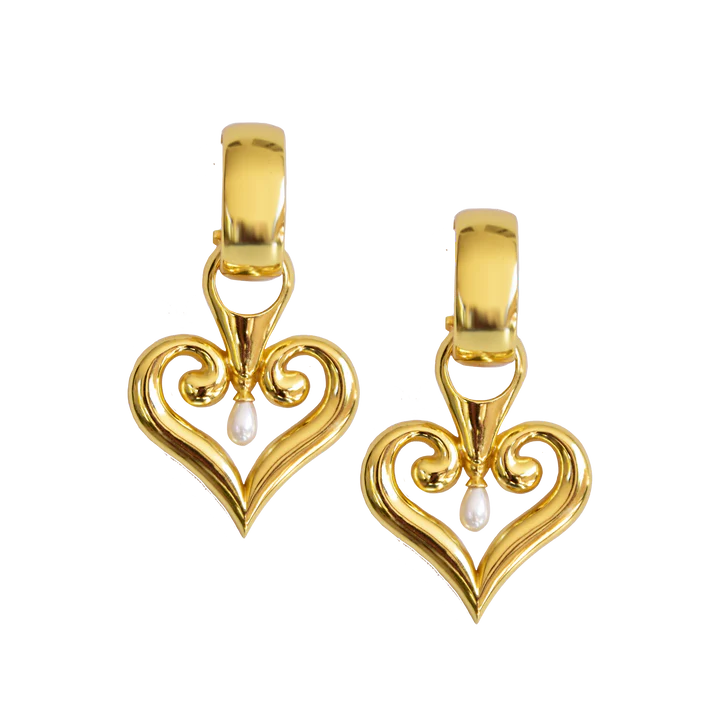 Beautiful, statement, chic & fun! The Bella Earrings are a new heart motif to add to the collection, a classic thick gold hoop and curly heart shaped drop with a cute little pearl as the cherry on top. A classic style that go with absolutely everything, these will be in high rotation!