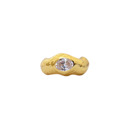 Introducing the Bleecker Ring, let's start by saying she is oh so chic and very cool! Boasting a chunky hammered texture band and a dazzling faceted White CZ in a seamless setting. The Bleecker Ring is fluid and more undone in comparison to our more structured cocktail ring styles which makes her an effortless styling accessory. The Bleecker has been designed to stack perfectly with the Billie Ring, though she is ever so striking all on her own. The Bleecker brings the edge without trying too hard...
