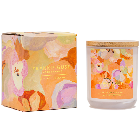 Tropical lychees and juicy white peaches, blended with raspberry, sweet guava, lime zest and vanilla bean.
Artwork by Jade Fisher
50hrs
100% pure soy wax
Lead free cotton wick
Cruelty free + vegan
High quality fragrance oil 
Hand poured in the Yarra Valley | Melbourne