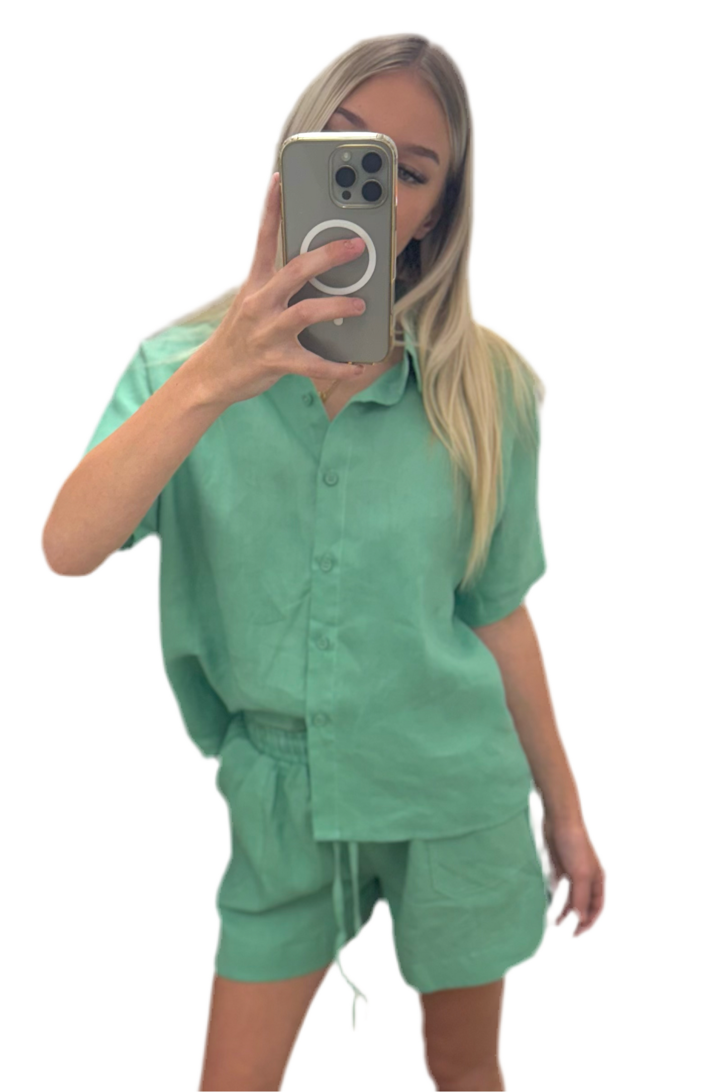 Upgrade your summer wardrobe with our Little Lies basic linen shorts in a refreshing mint green. These luxurious shorts feature an elastic waistband, drawstring, and pockets, making them both stylish and comfortable. Perfect for a day out on the town or a relaxing day at the beach. Pair with the matching Linen Top for the ultimate set.
Small fit, size up for the perfect fit.