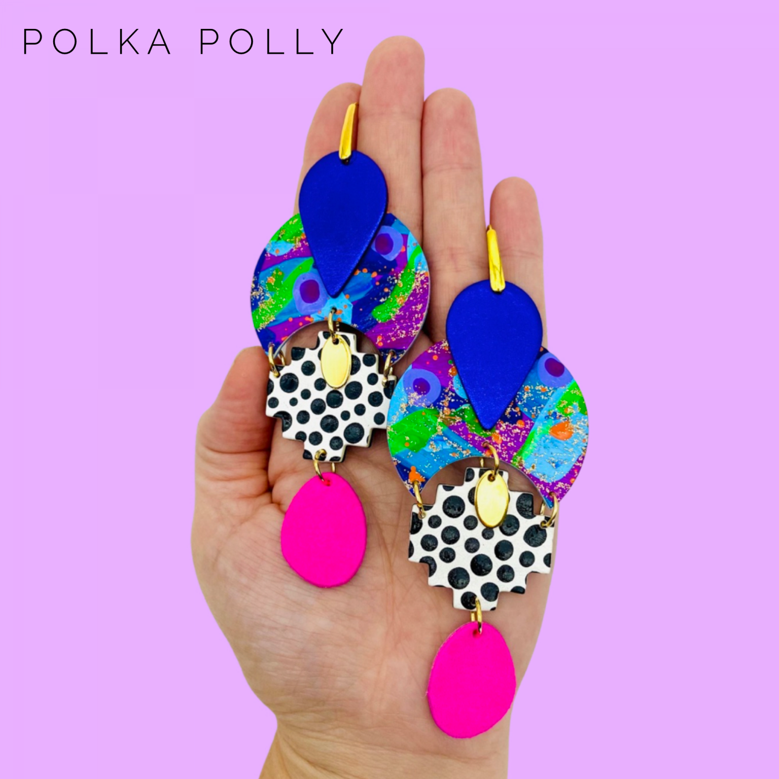 GODDESS ASTERIA 🌟
Release your inner GODDESS!
“ASTERIA was the Titan goddess of falling stars and perhaps of nighttime divinations such as oneiromancy (by dreams) and astrology (by stars). ”
BRIGHT, funky and totally unique handcrafted statement earrings. Each component is individually and lovingly handmade here at Polka Polly HQ.
Featuring hand painted leather beads mixed with a deep luxurious metallic purple Australian leather and vibrant hot pink suede with gold accents.
Set on gold toned stainless