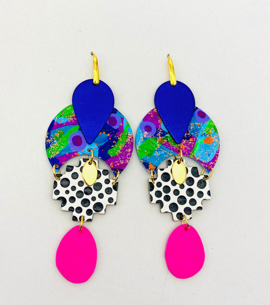 GODDESS ASTERIA 🌟
Release your inner GODDESS!
“ASTERIA was the Titan goddess of falling stars and perhaps of nighttime divinations such as oneiromancy (by dreams) and astrology (by stars). ”
BRIGHT, funky and totally unique handcrafted statement earrings. Each component is individually and lovingly handmade here at Polka Polly HQ.
Featuring hand painted leather beads mixed with a deep luxurious metallic purple Australian leather and vibrant hot pink suede with gold accents.
Set on gold toned stainless