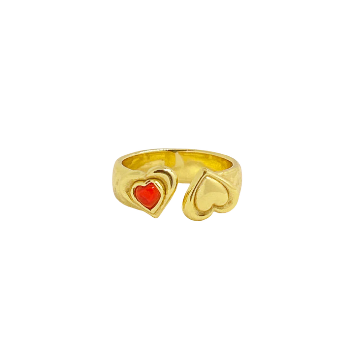 Add a touch of romance to your ring stack with the Imogen Ring in Gold. Inspired by star crossed lovers, this beauty features textured double hearts and a gorgeous red glass stone on a wide set textured band. She is the perfect addition to a layered ring look or ever so beautiful on her own. Perfectly romantic and oh-so-adorable, let the Imogen Ring bring you all the feels!