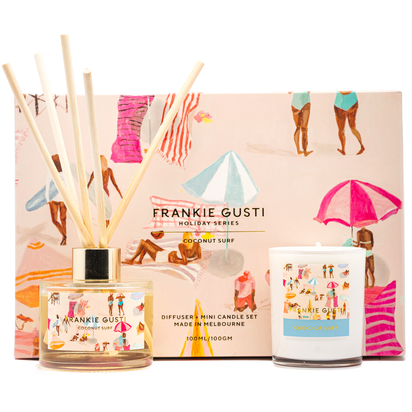 Drift away to a coastal paradise with the Holiday Series Duo in Coconut Surf by Frankie Gusti x Janey Forbes. Infused with creamy coconut, smooth vanilla, and a whisper of sea salt, this sun-soaked fragrance captures the laid-back rhythm of endless summer days.