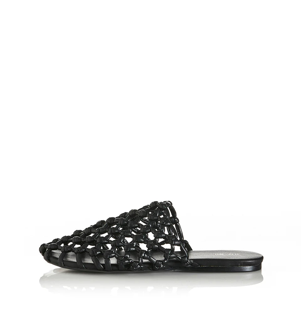 Effortless style meets modern edge with the Hezu slide. Designed with a handwoven lattice upper in sleek black, this slip-on brings a unique texture and elevated touch to everyday wear. The open-weave design keeps things light and breathable, while the minimalist silhouette ensures easy versatility—pair it with relaxed denim, summer dresses, or tailored pants for an instant style upgrade. Finished with a cushioned footbed and flat sole for all-day comfort, the Hezu is your go-to slide for a chic yet underst