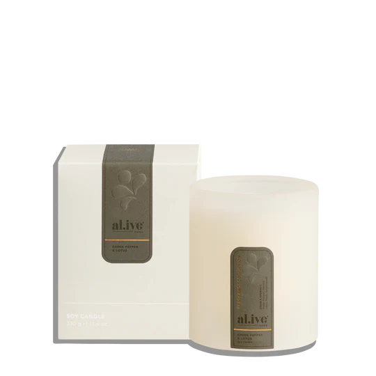 A sophisticated Soy Candle offering a modern twist on floral elegance. Crisp green pepper and fresh lotus create a clean, contemporary scent, while warm sandalwood adds depth. This unique fragrance creates a refreshing, zen-like atmosphere.