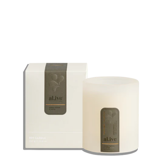 A sophisticated Soy Candle offering a modern twist on floral elegance. Crisp green pepper and fresh lotus create a clean, contemporary scent, while warm sandalwood adds depth. This unique fragrance creates a refreshing, zen-like atmosphere.