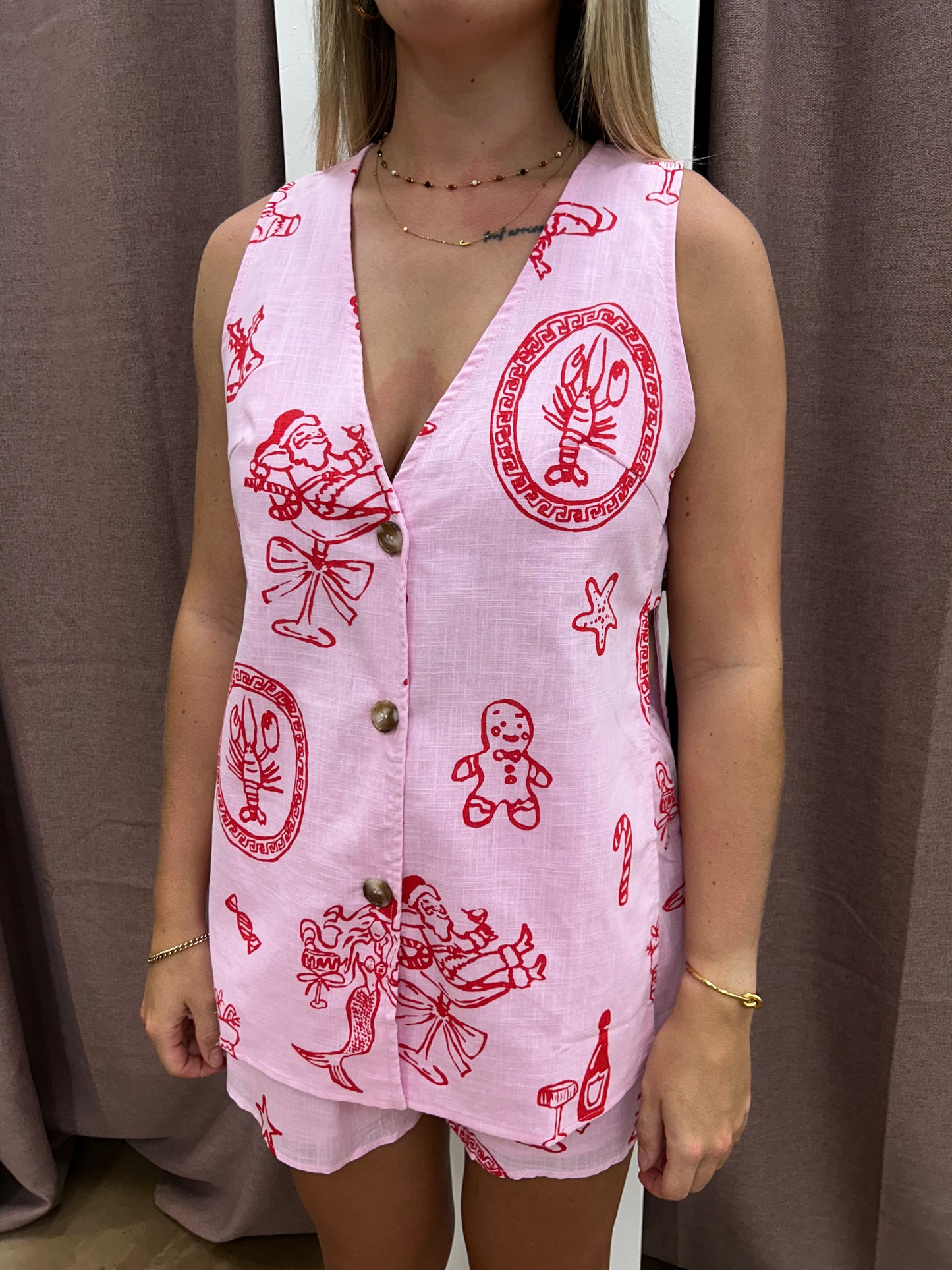 Pink Santa Print Panel Short Set