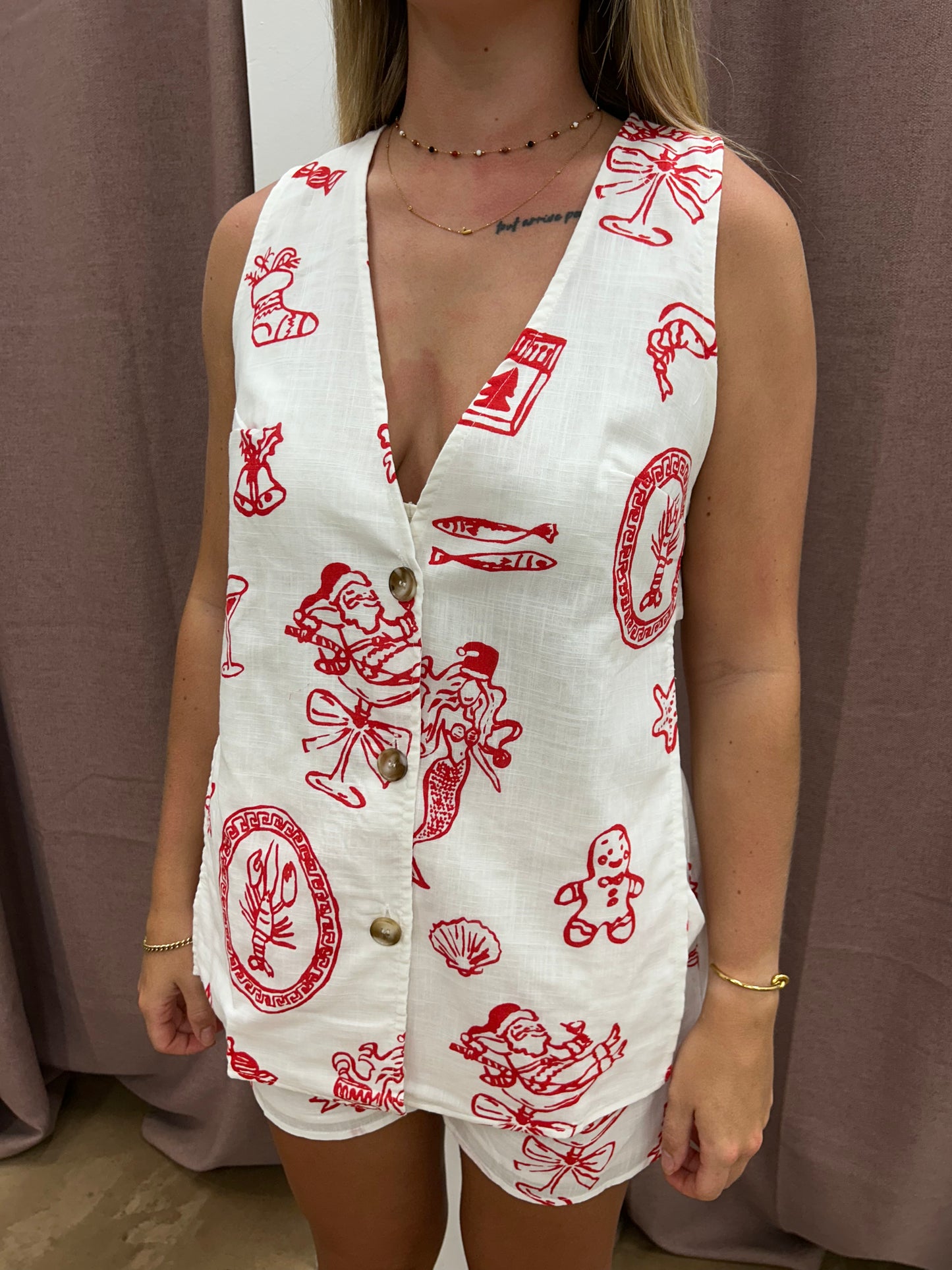 White Santa Print Panel Short Set