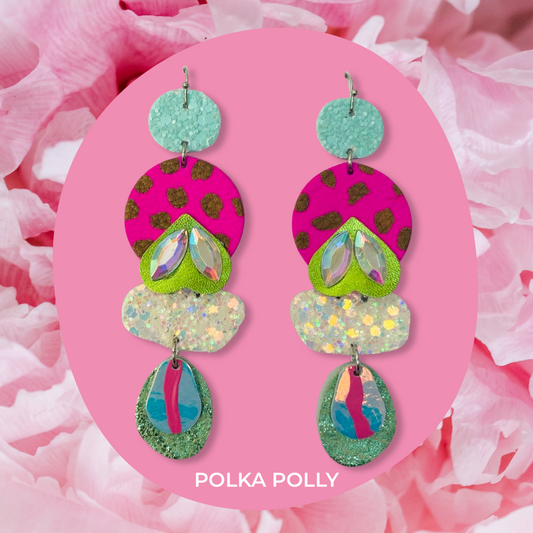 A striking pair of vibrant pink, pastel mint, iridescent pearl and warm bronze handmade leather earrings. 