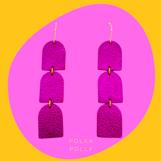 Scotch Pink vibrant, lightweight metallic leather dangle earrings by Polka Polly.