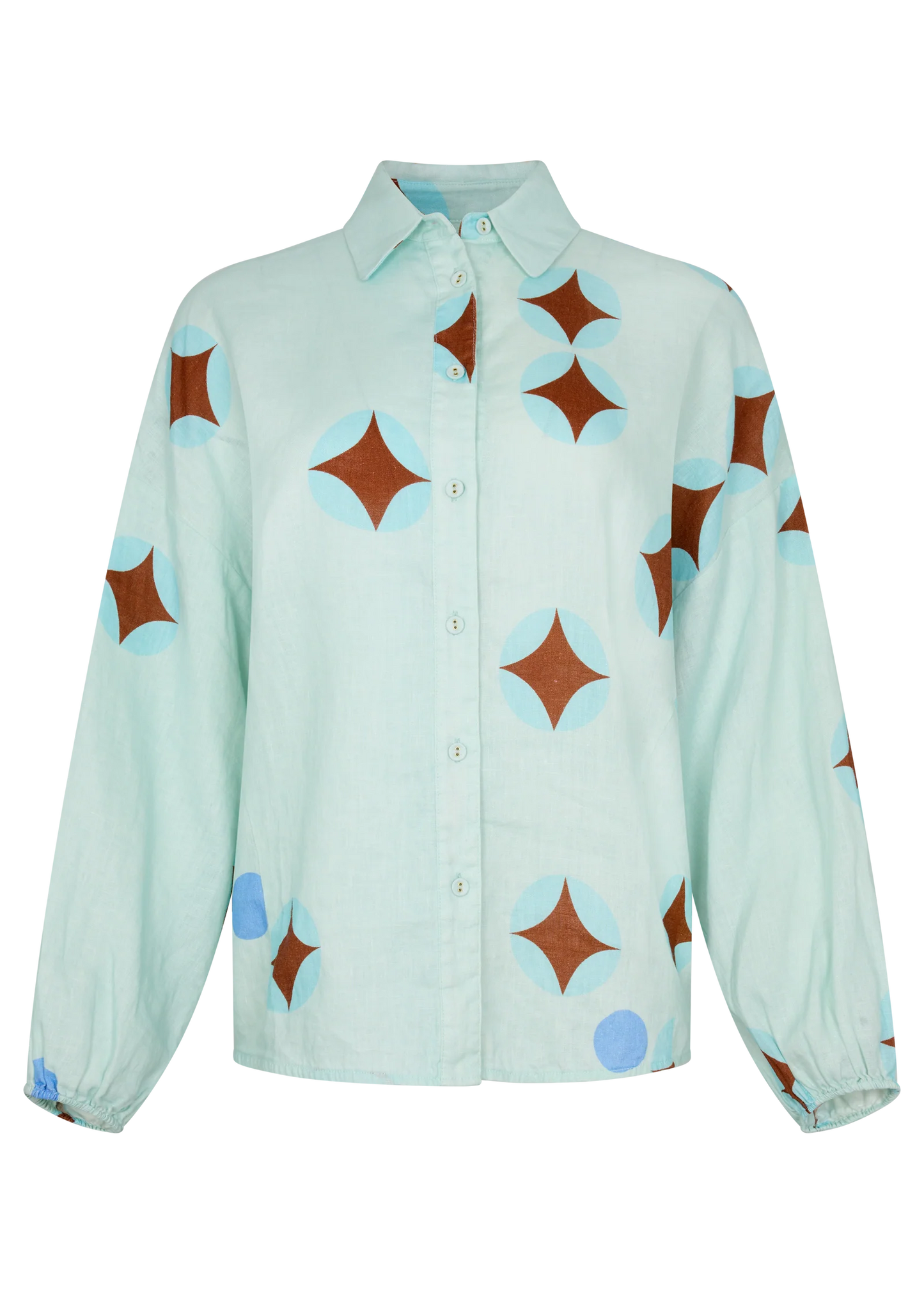 Aquarius Chalm shirt - A relaxed airy shirt perfect for roaming unchartered European streets and dancing in the dark. A unique brown celestial print features on soft baby blue linen trims. It’s floaty, effortless, and just the right amount of whimsical. Style it buttoned-up or layered loose!
