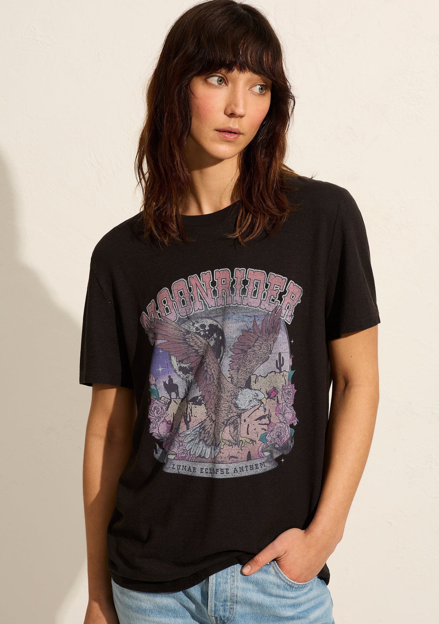The Moonrider Classic Tee in black by Auguste the label is crafted from a soft, sustainable cotton blend. It features a crew neckline and a bold, graphic print on the front, designed by our talented team.
- Crew neckline
- Fits true to size; go with your usual
- 55% Hemp; 45% Organic Cotton
- Lightweight jersey with a soft hand feel
- Cold machine wash