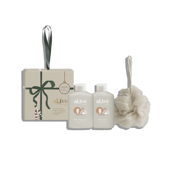 Our Limited Edition Baby Wash and Lotion in adorable bauble packaging with soft natural sponge. Features soothing Calming Oatmeal scent specially formulated for delicate skin - perfect for holidays with little ones.