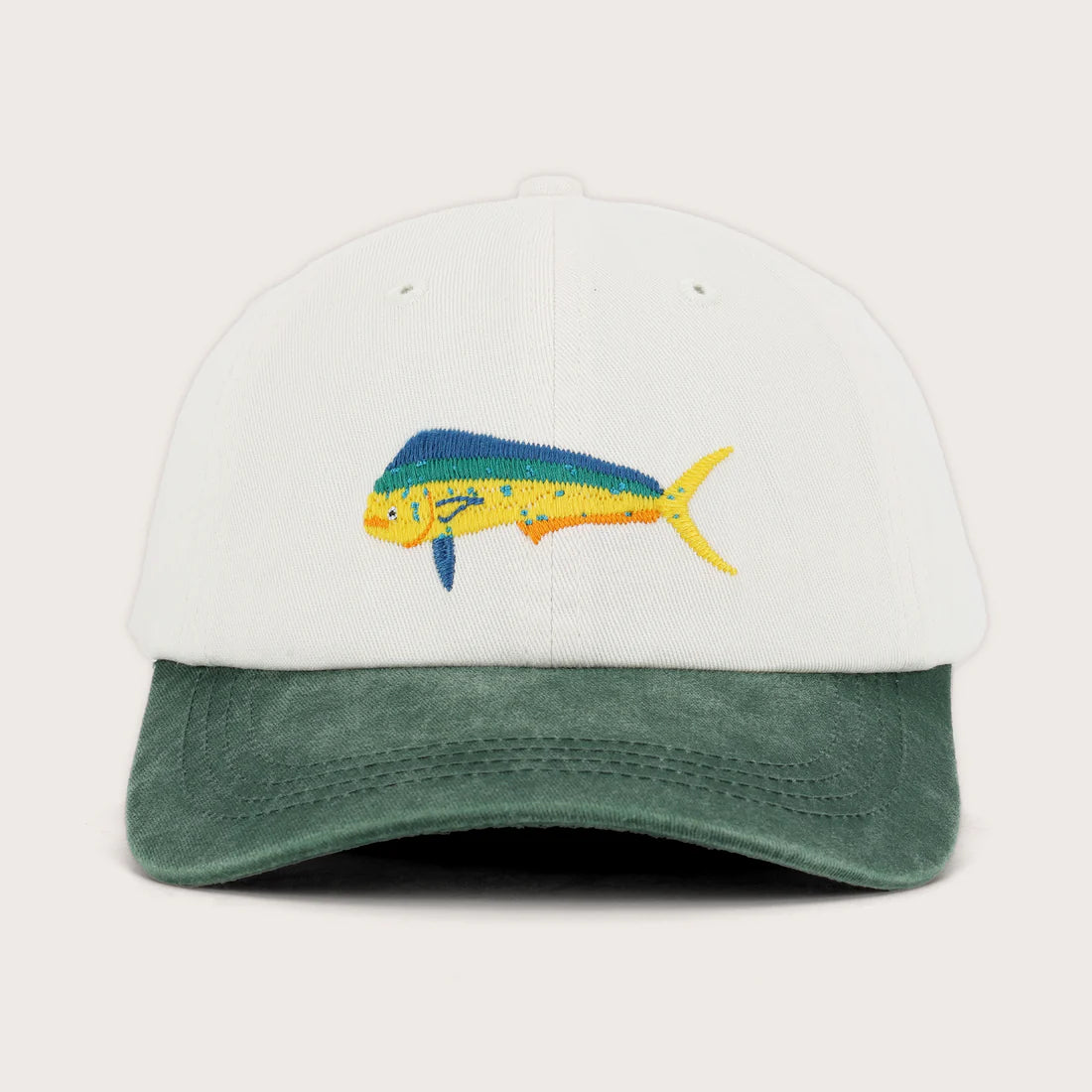 The Mahi Mahi (Coryphaena hippurus), also known as dolphinfish, dorado, or mahi-mahi, is the ultimate symbol of tropical waters and offshore adventures. This cap, with its bold two-tone colour-way of green and white, captures the vibrancy of this striking fish, from its iridescent blues to its golden hues.