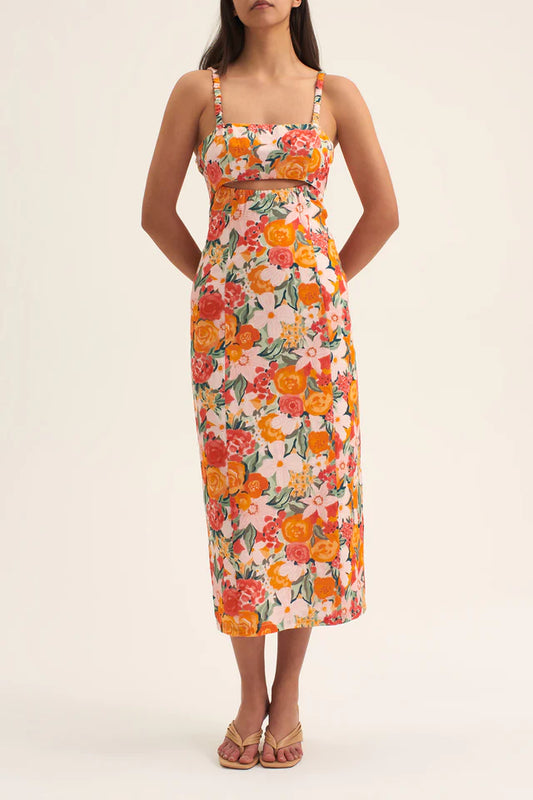 The River is a fitted midi dress style cut in our Orange Blossom print.