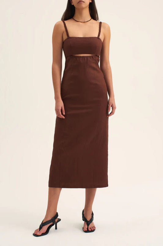 The River is a fitted midi dress style cut in our Chocolate Linen. 