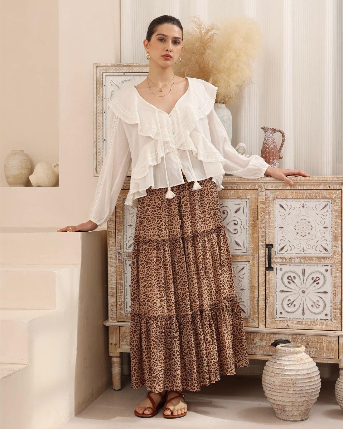 Katie Maxi Skirt - A leopard maxi with an elastic waistband, drawstring, tiered skirt and fully lined.
True to Size.