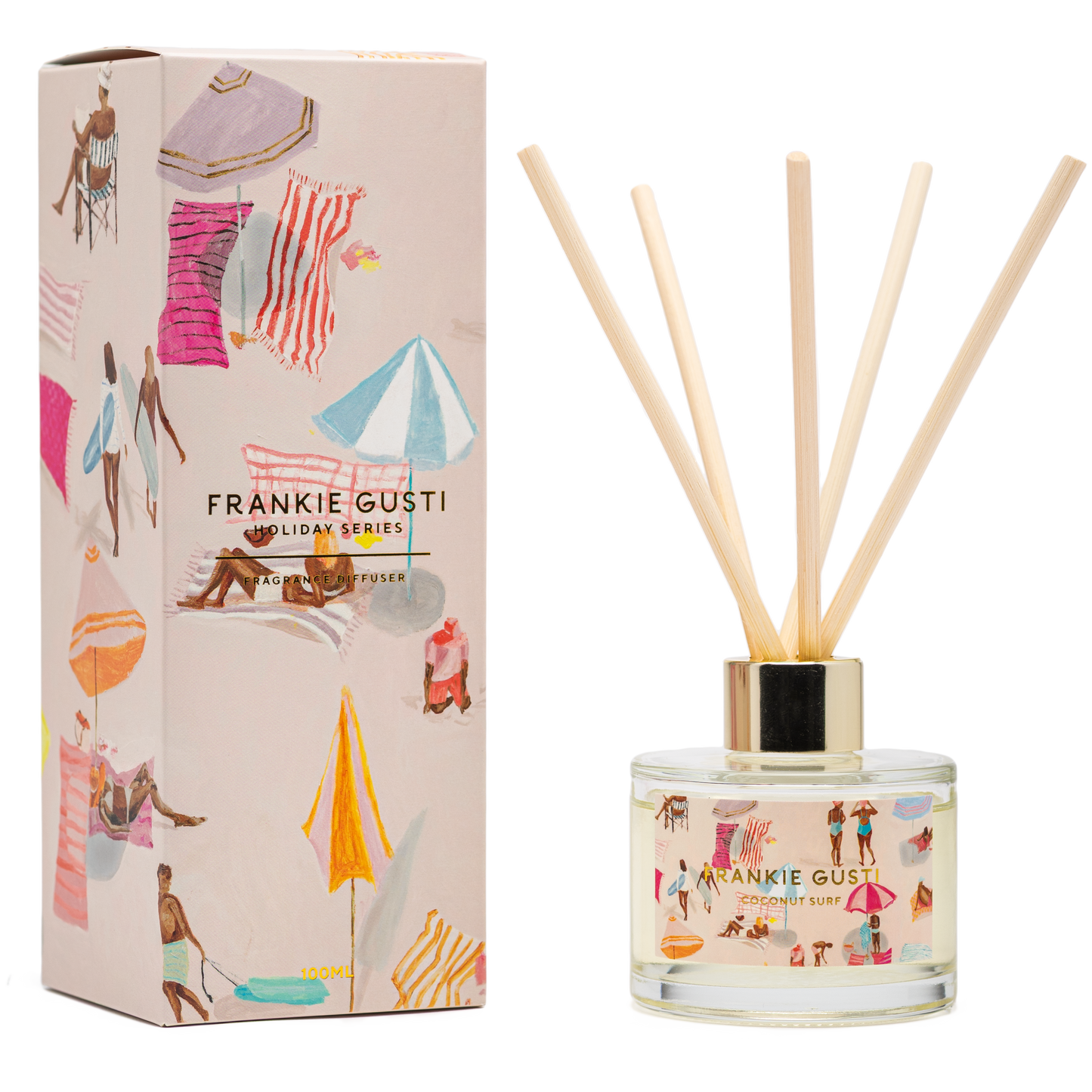 Ride the wave of endless summer with the Holiday Series Diffuser in Coconut Surf by Frankie Gusti x Janey Forbes. A smooth, sun-soaked blend of creamy coconut, warm vanilla, and a hint of sea salt breeze, this scent captures the feeling of lazy afternoons by the beach and golden coastal sunsets.
