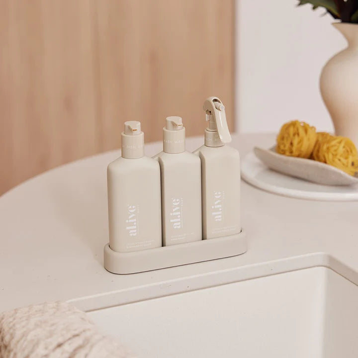Introducing our Premium Kitchen Trio - the ultimate solution for your kitchen cleaning needs. This set includes our Dishwashing Liquid, Bench Spray, and Hand Wash, all conveniently nestled within a beautifully designed custom tray.