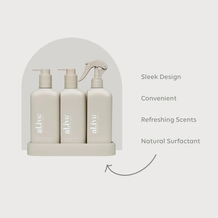 Introducing our Premium Kitchen Trio - the ultimate solution for your kitchen cleaning needs. This set includes our Dishwashing Liquid, Bench Spray, and Hand Wash, all conveniently nestled within a beautifully designed custom tray.