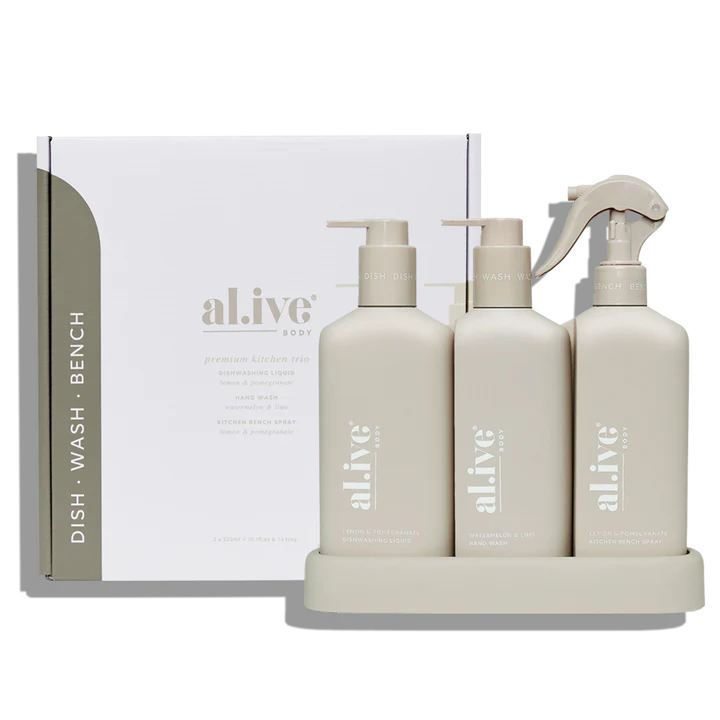 Introducing our Premium Kitchen Trio - the ultimate solution for your kitchen cleaning needs. This set includes our Dishwashing Liquid, Bench Spray, and Hand Wash, all conveniently nestled within a beautifully designed custom tray.