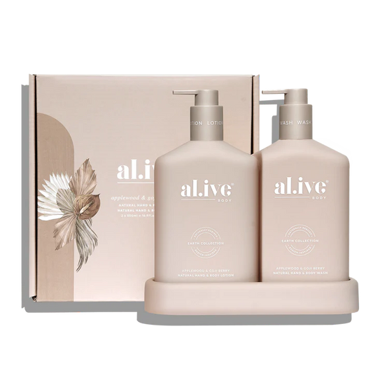 The al.ive body Applewood & Goji Berry Hand & Body Wash/Lotion Duo contains a luxurious blend of naturally derived ingredients, fortified with essential oils and native botanical extracts.