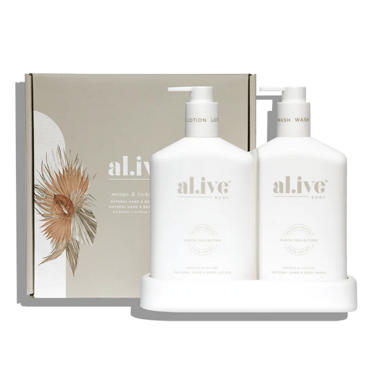 The al.ive body Mango & Lychee Hand & Body Wash/Lotion Duo contains a luxurious blend of naturally derived ingredients, fortified with essential oils and native botanical extracts.