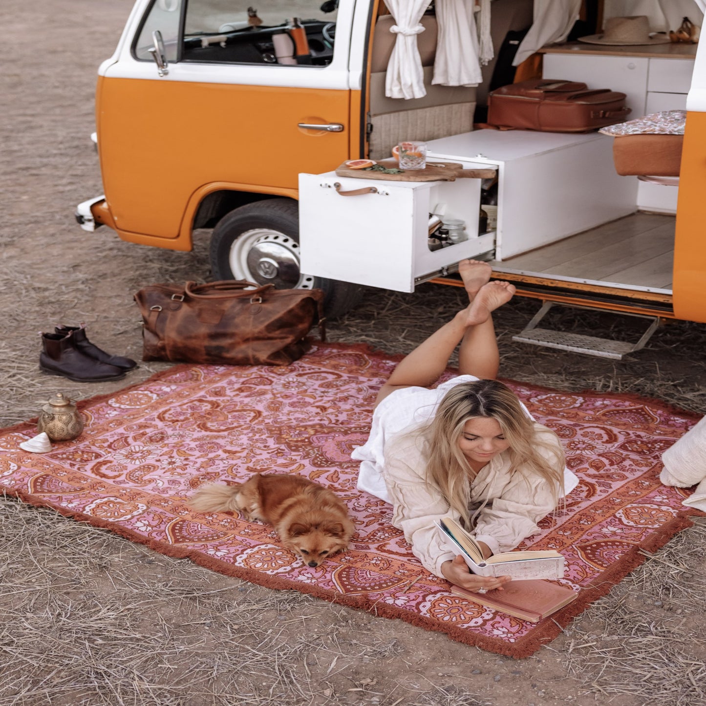 Isla In Bloom Sahara Picnic Rug/Throw XL infront of van