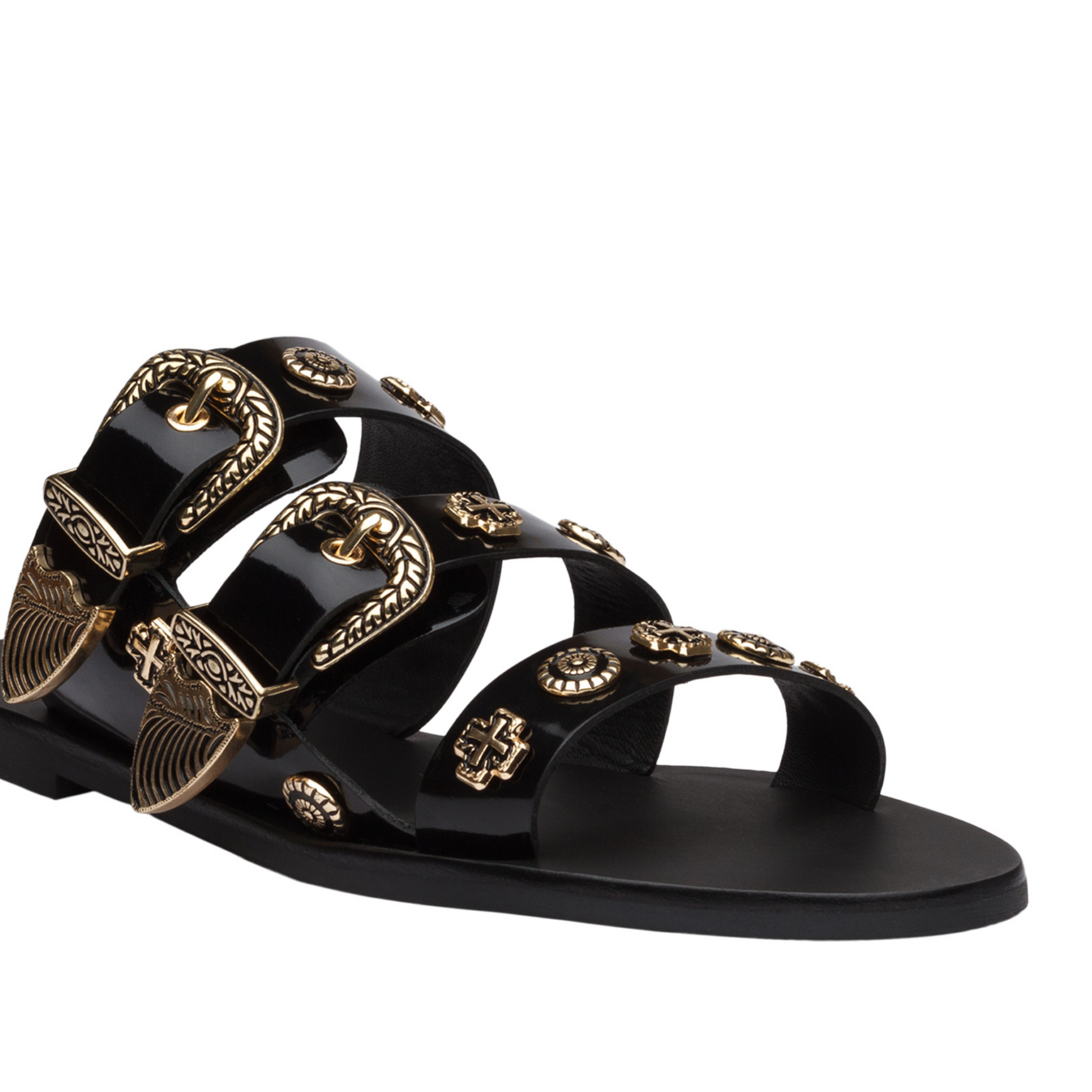 The best selling Eastwood slide takes the Western trend to new heights with statement buckles and cowboy inspired studs. Three prominent straps in a soft leather wrap the foot and sit atop a flattering almond shaped sole.