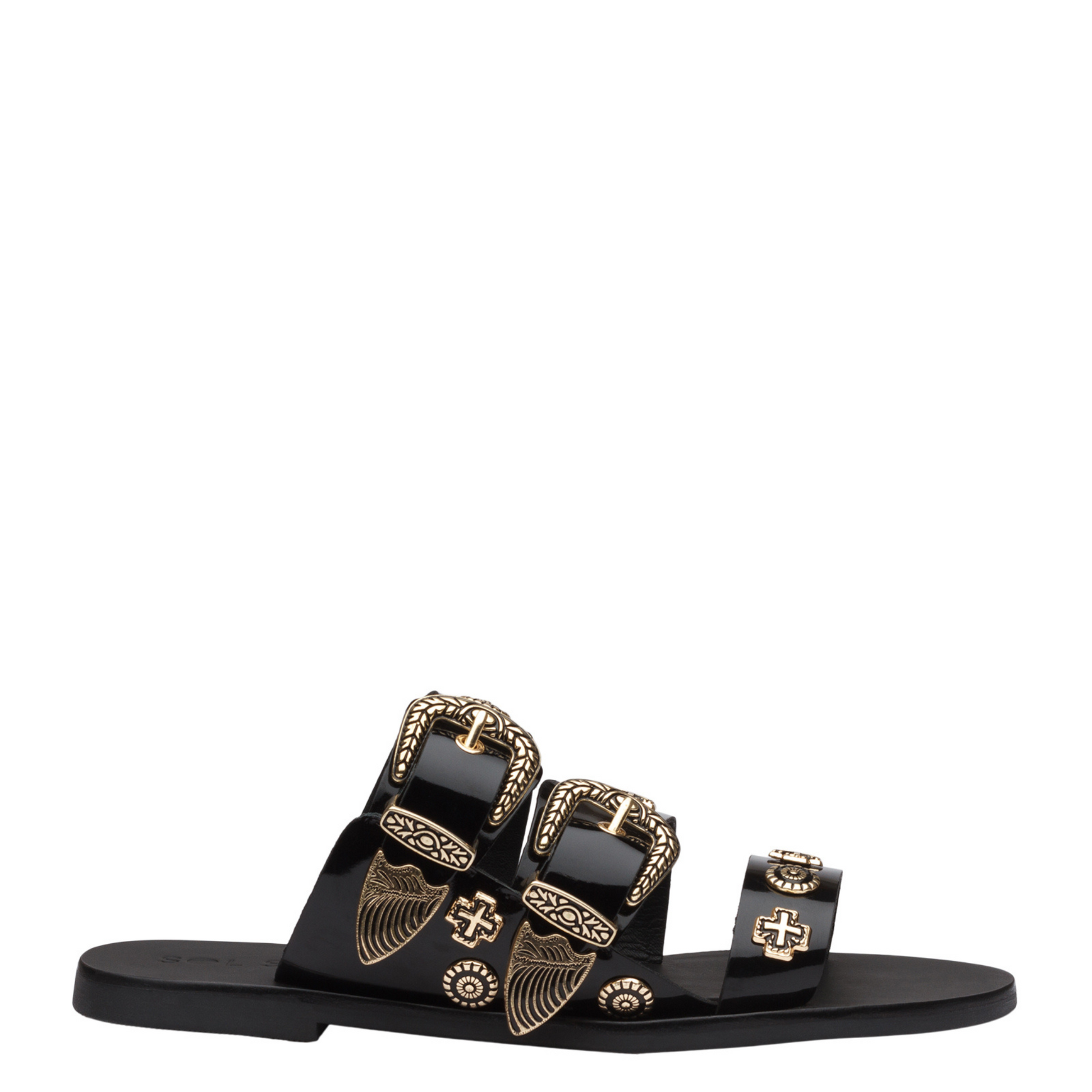 The best selling Eastwood slide takes the Western trend to new heights with statement buckles and cowboy inspired studs. Three prominent straps in a soft leather wrap the foot and sit atop a flattering almond shaped sole.