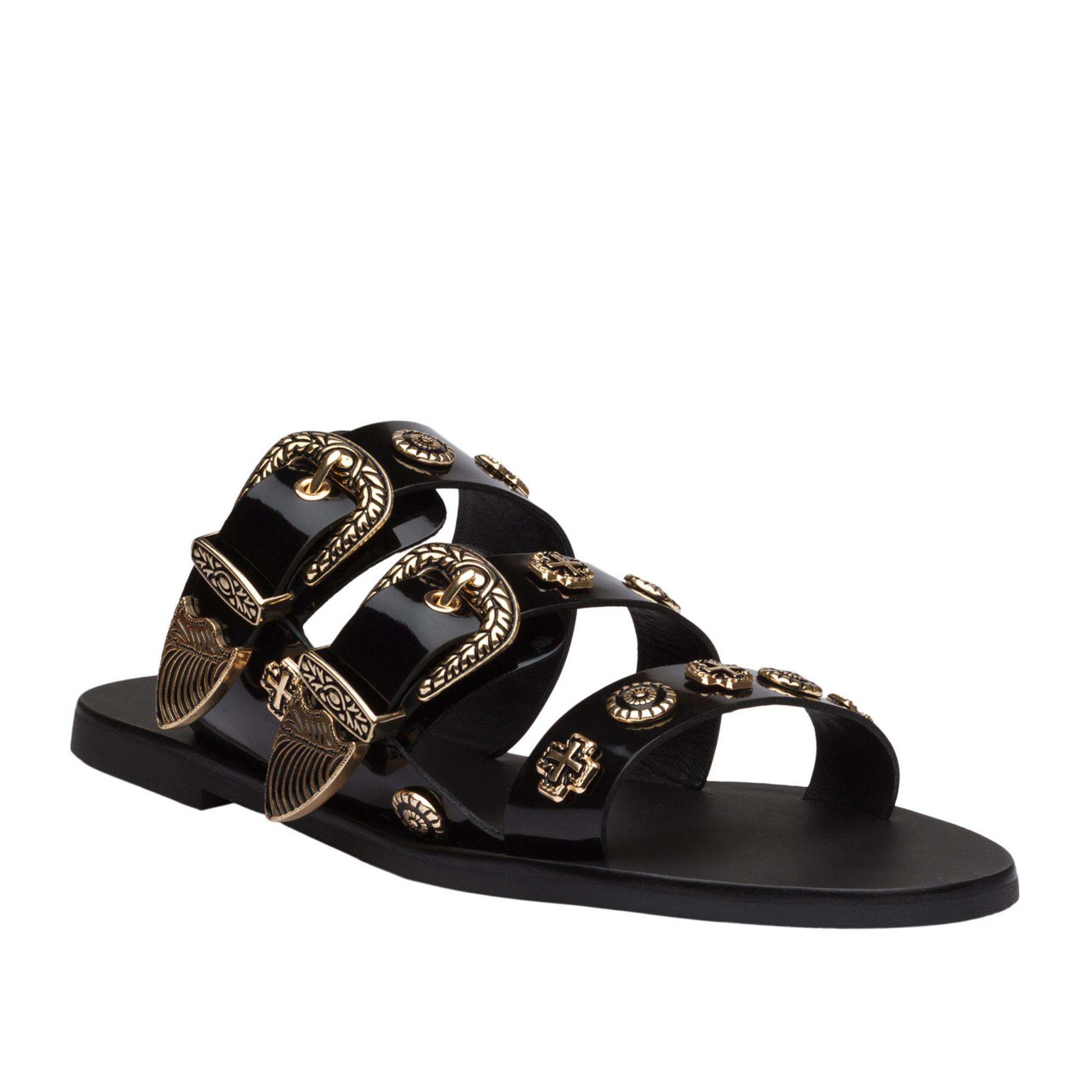 The best selling Eastwood slide takes the Western trend to new heights with statement buckles and cowboy inspired studs. Three prominent straps in a soft leather wrap the foot and sit atop a flattering almond shaped sole.