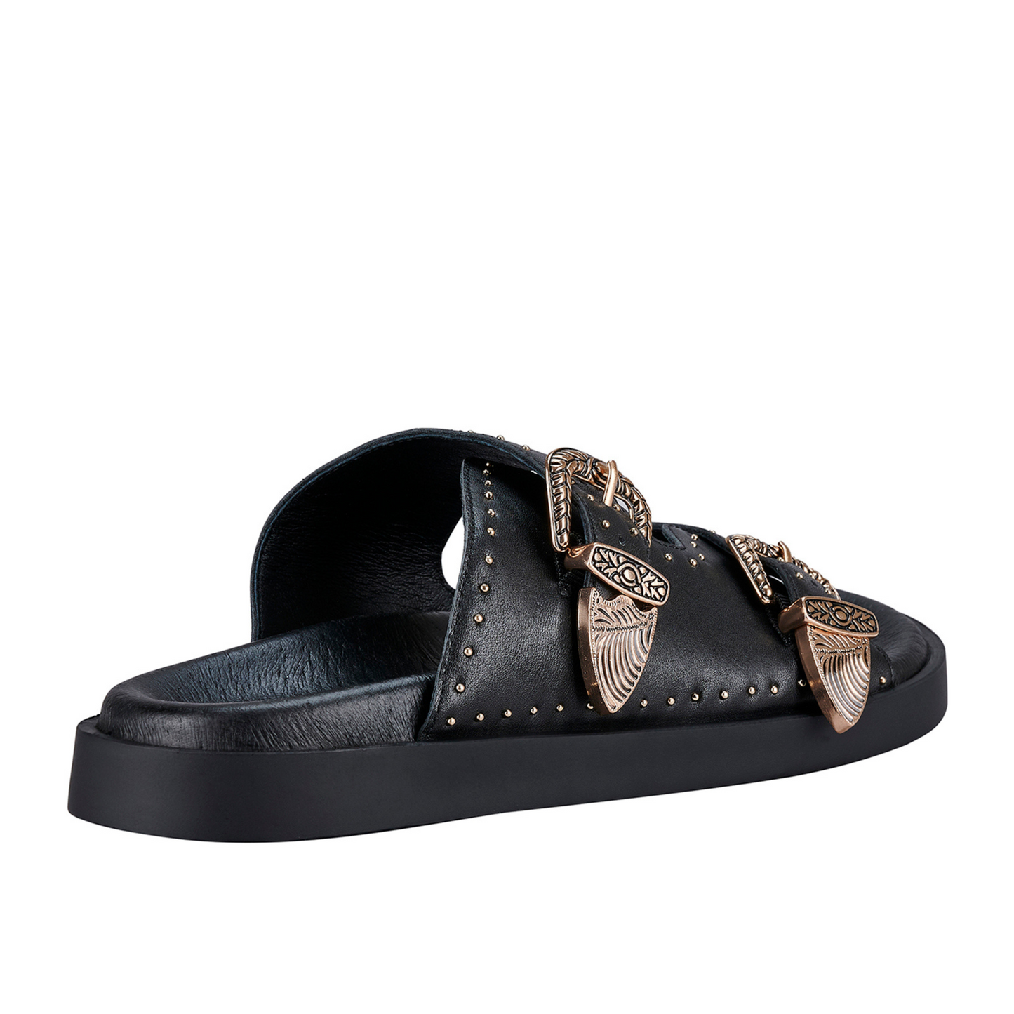 The bestselling Eastwood slide with it’s signature heavy buckles and stud hardware details is updated with an newly shaped leather footbed sole.