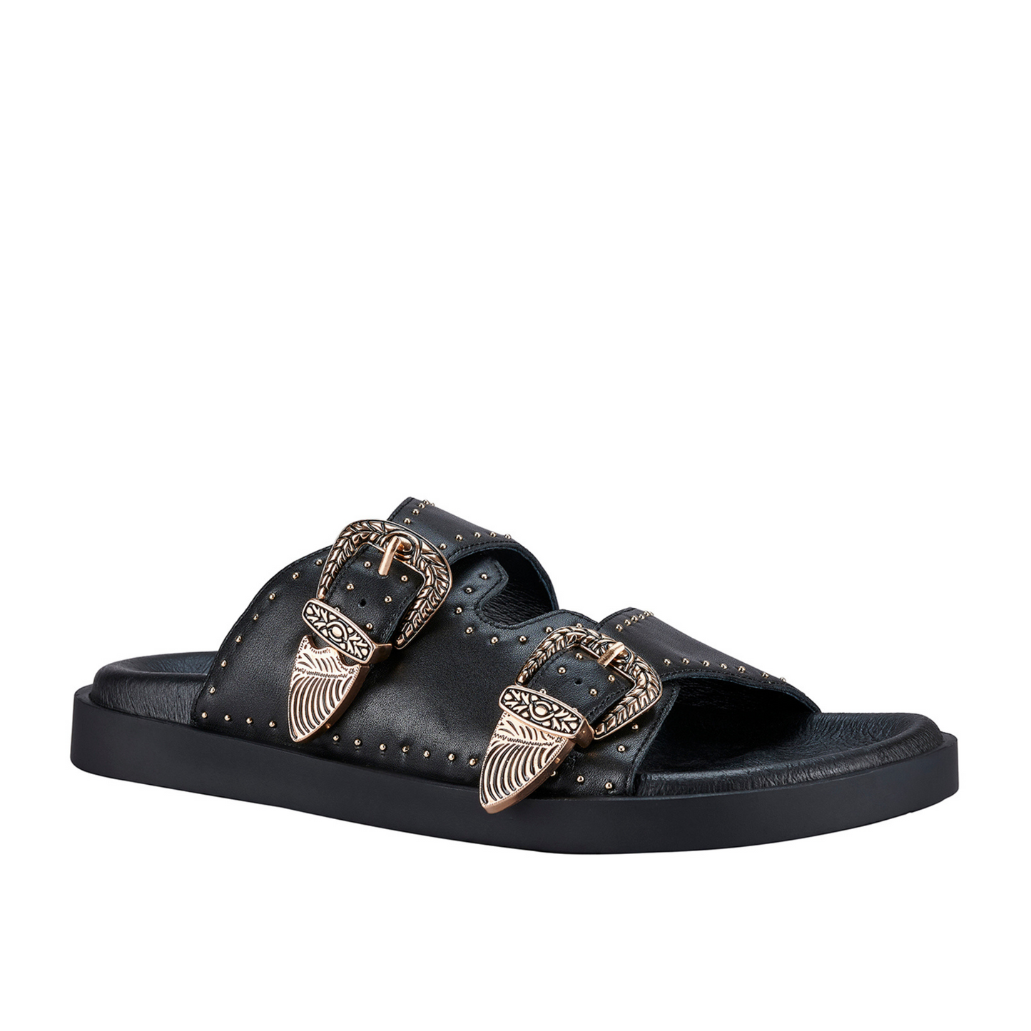 The bestselling Eastwood slide with it’s signature heavy buckles and stud hardware details is updated with an newly shaped leather footbed sole.