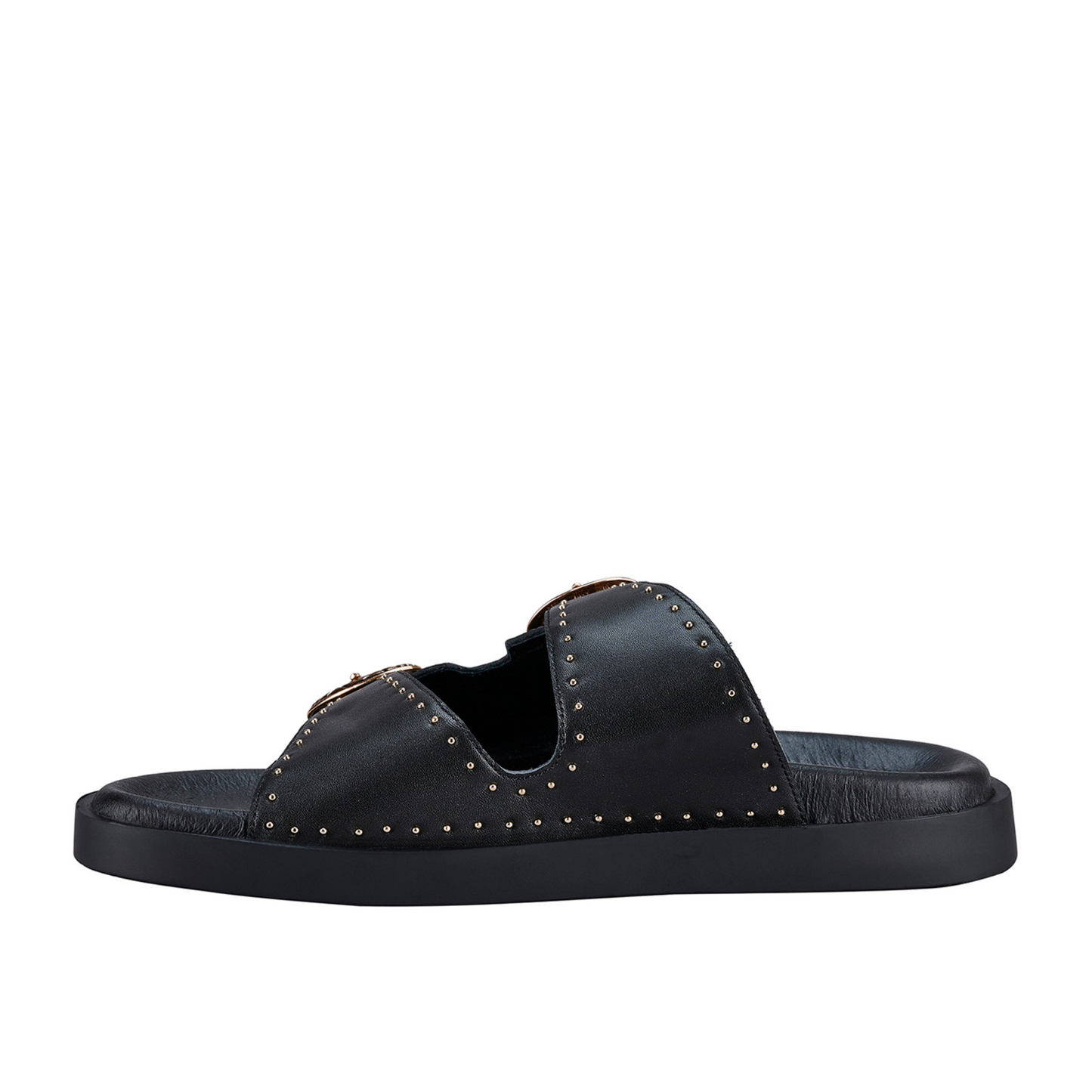 The bestselling Eastwood slide with it’s signature heavy buckles and stud hardware details is updated with an newly shaped leather footbed sole.