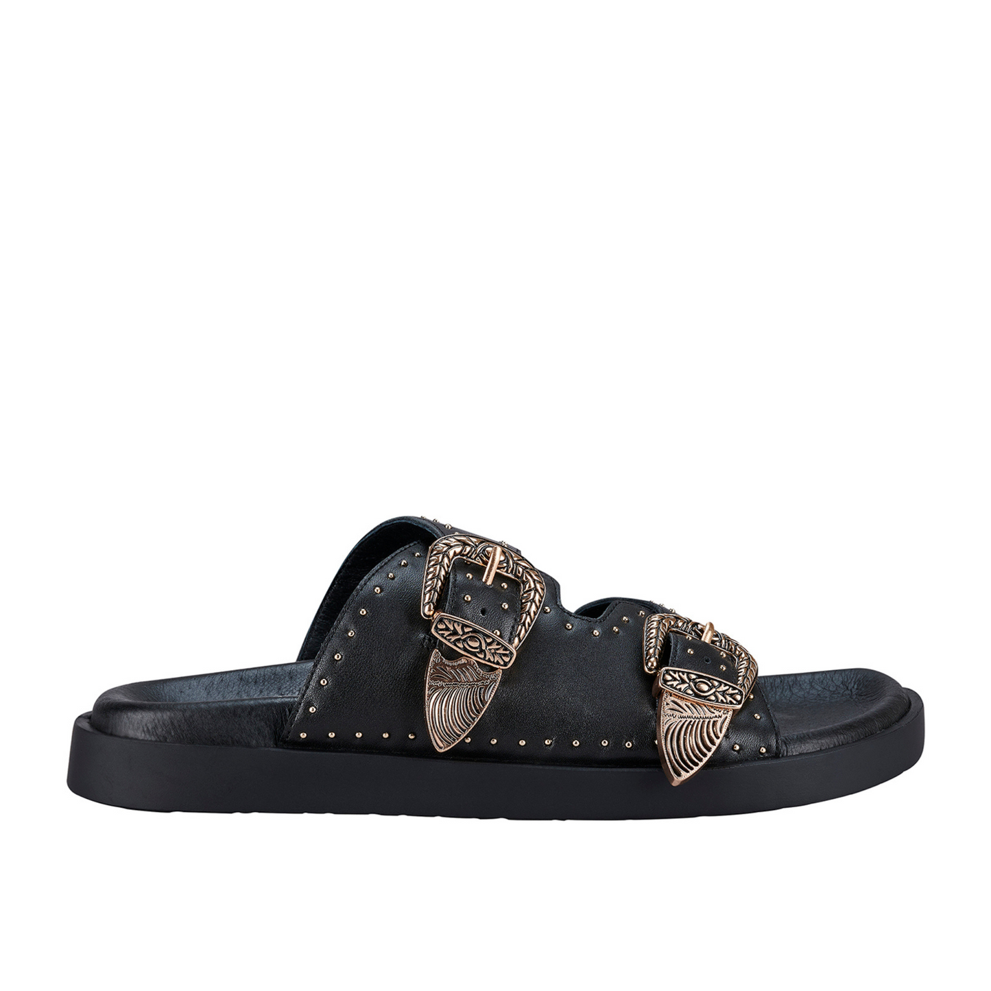 The bestselling Eastwood slide with it’s signature heavy buckles and stud hardware details is updated with an newly shaped leather footbed sole.