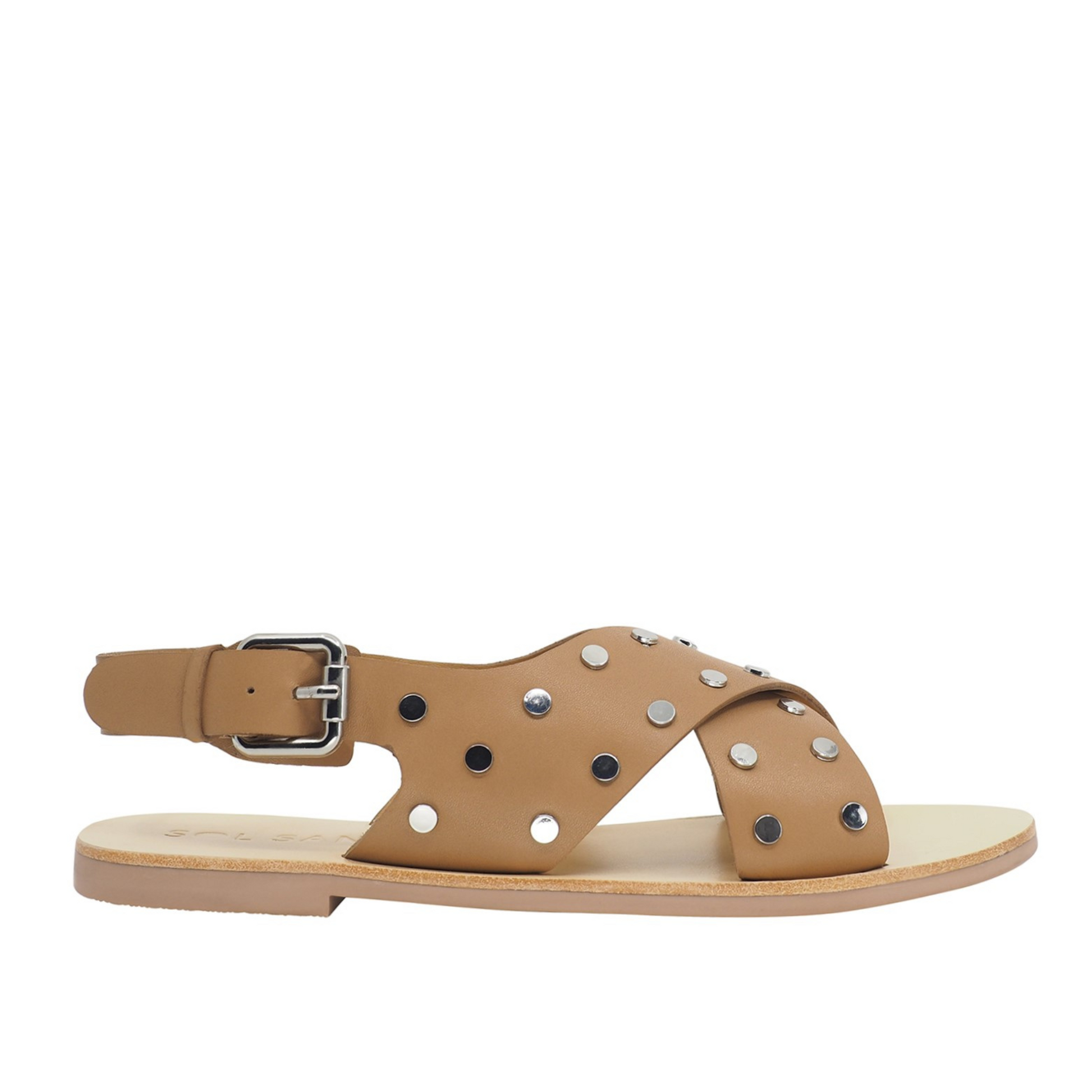 The Kyra sandal takes the classic slide shape and elevates it with a gladiator style leather strap. Finished with signature Sol Sana studded hardware and a high quality buckle fastener.