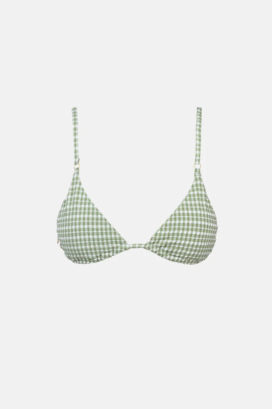 The Lola Check Slide Tri Top in Green is a must-have for sunny days. Recommended for A-C cup sizes, this top features adjustable over-the-shoulder straps and a midriff tie back for a customized fit. With clean finished edges and removable padding, it's the perfect combination of style and comfort, detailed with a metal coin logo.