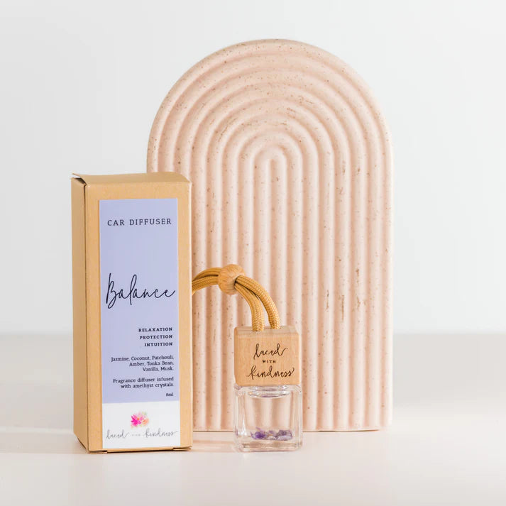 Enjoy&nbsp;your favourite Laced with Kindness candle scents on the go.&nbsp;Freshen up your car, caravan, wardrobe, or favourite space with our&nbsp;car diffuser collection&nbsp;that contains a few of our best selling blends.&nbsp;

Feel fresh, healed, and relaxed on the road wherever you go.&nbsp;

Available in&nbsp;Balance,&nbsp;Healing,&nbsp;Love, and&nbsp;Protection.&nbsp;Each is infused with crystals for extra healing properties.&nbsp;

Size:&nbsp;4.5cm x 2cm x 2cm