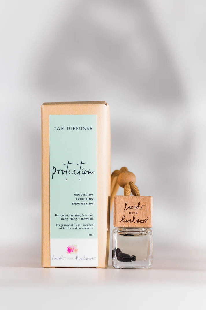 Enjoy&nbsp;your favourite Laced with Kindness candle scents on the go.&nbsp;Freshen up your car, caravan, wardrobe, or favourite space with our&nbsp;car diffuser collection&nbsp;that contains a few of our best selling blends.&nbsp;

Feel fresh, healed, and relaxed on the road wherever you go.&nbsp;

Available in&nbsp;Balance,&nbsp;Healing,&nbsp;Love, and&nbsp;Protection.&nbsp;Each is infused with crystals for extra healing properties.&nbsp;

Size:&nbsp;4.5cm x 2cm x 2cm