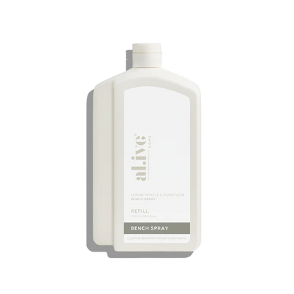 Refill your Lemon Myrtle &amp; Honeydew Kitchen Bench Spray bottle with our 1 L Kitchen Bench Spray Refill. This sustainable refill solution is designed to reduce waste and offer a practical, eco-friendly way to top up your favourite al.ive body essential.